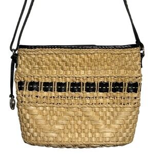 Brighton Straw Woven Shoulder Bag Black‎ Leather Trim Heart Charm